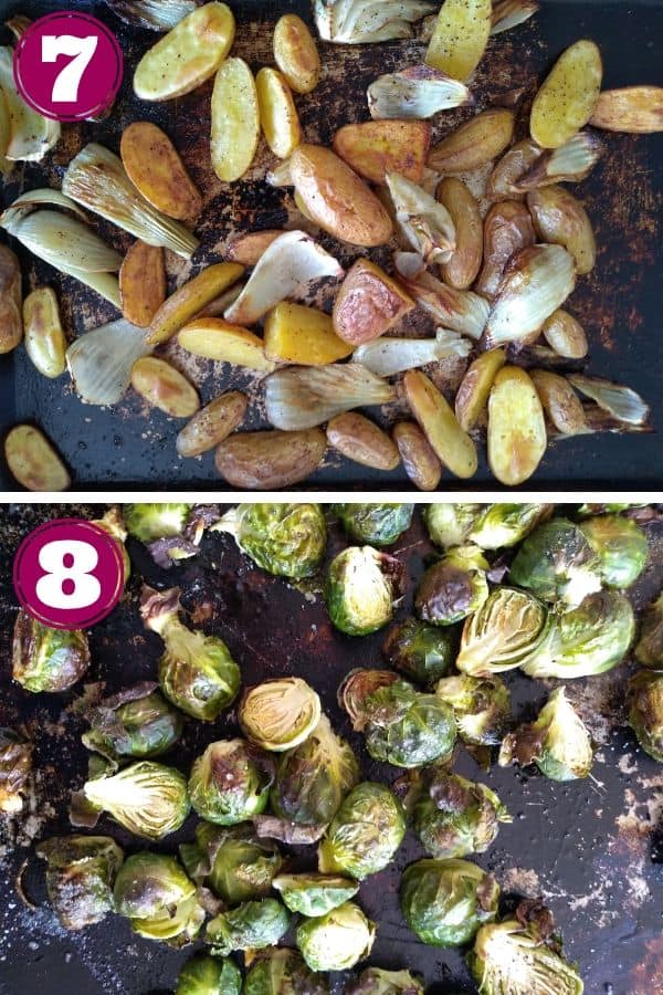 One pan with roasted fingerling potatoes and fennel and another pan with roasted Brussels sprouts