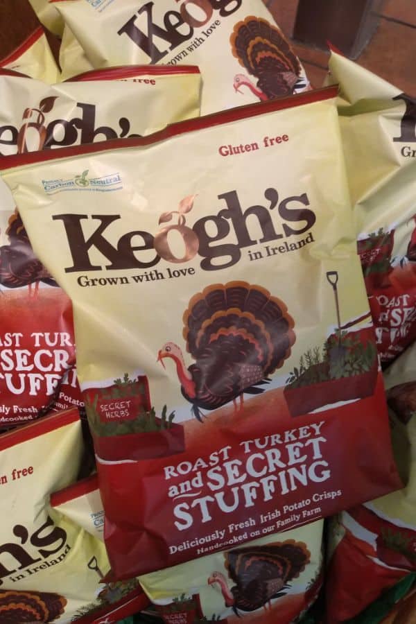 Bags of Keogh's Roast Turkey and Secret Stuffing Irish potato chips.