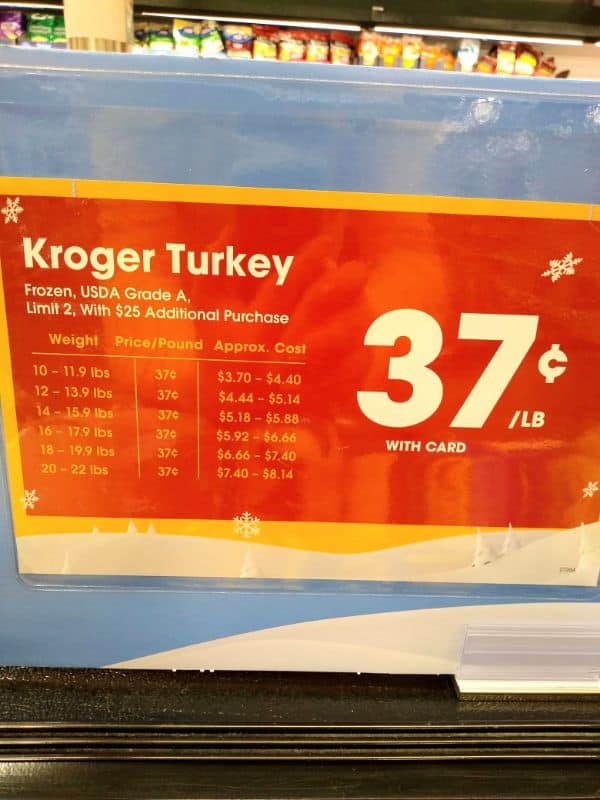 Kroger Sign for how much a turkey costs