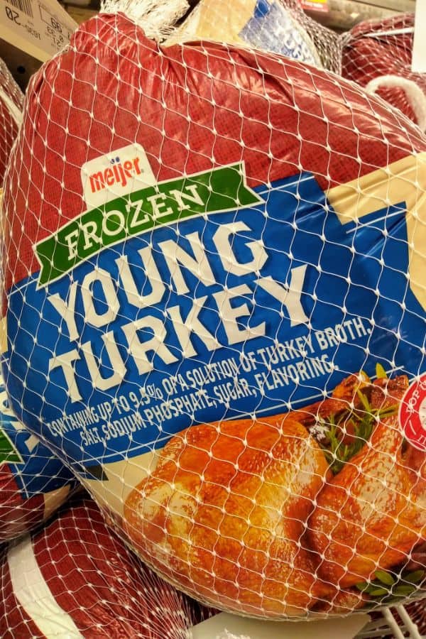 A Frozen Meijer Young Turkey is shown in the packaging