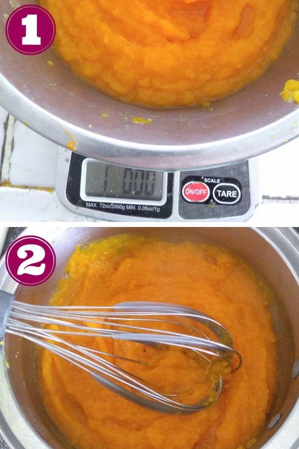 Step 1 says to Weight out 1 pound of pumpkin puree, 
Step 2 shows it being thicken in a pot