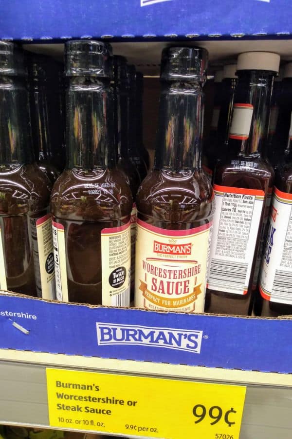 Bottles of Worcestershire sauce on display at ALDI for 99 cents.