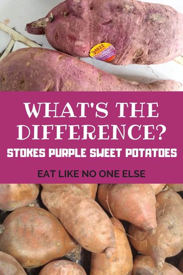 What's Difference Stokes Purple Sweet Potatoes with a Stokes purple sweet potato on top and a regular sweet potato underneath.