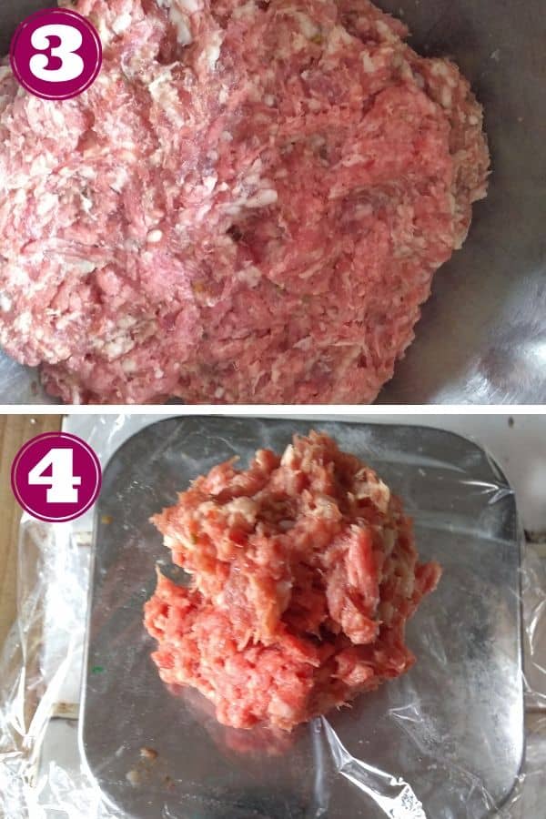 Steps on how to weight out the burger patties on a kitchen scale.