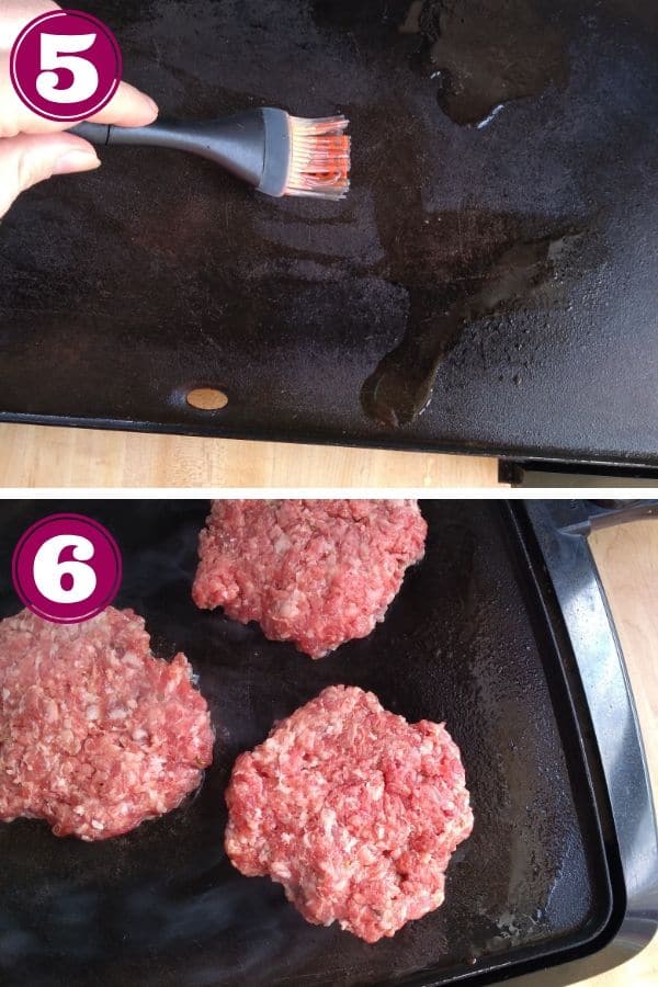 Step 5 shows whipping down the griddle with oil and Step 6 shows putting the raw burgers on the griddle.