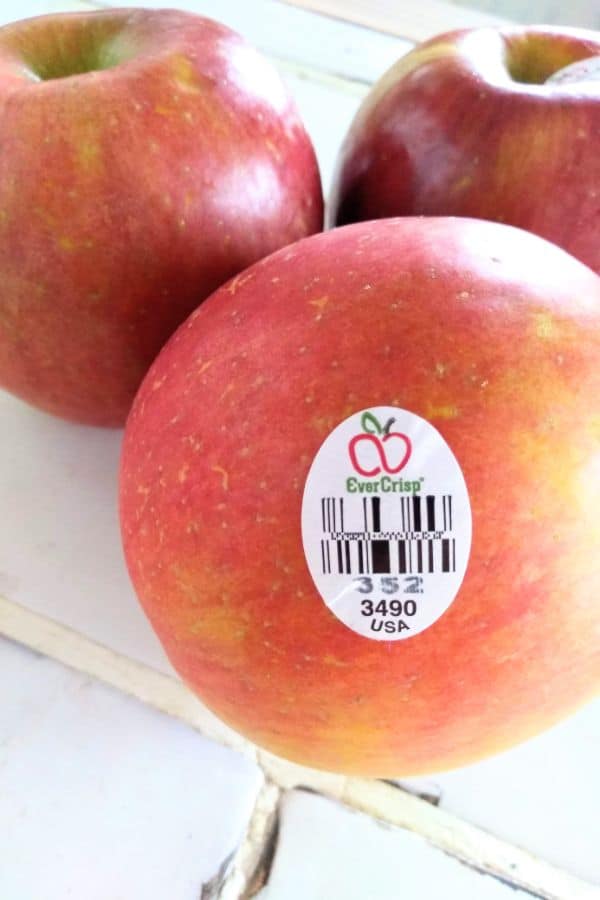 A close up focused on the plu sticker of EverCrisp apples.