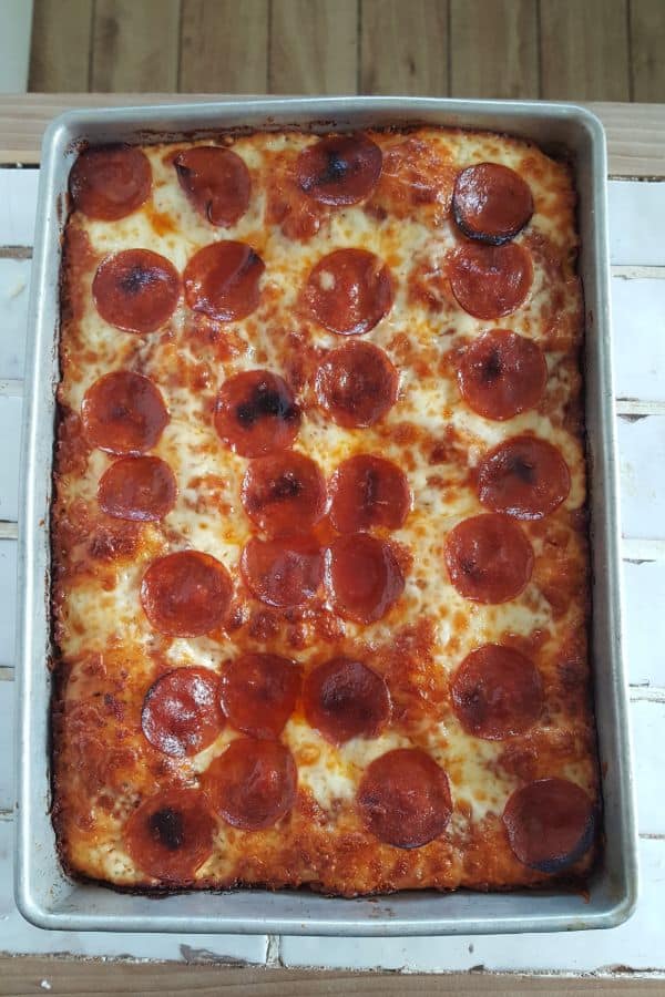 Detroit Style Pan Pizza made with brick cheese