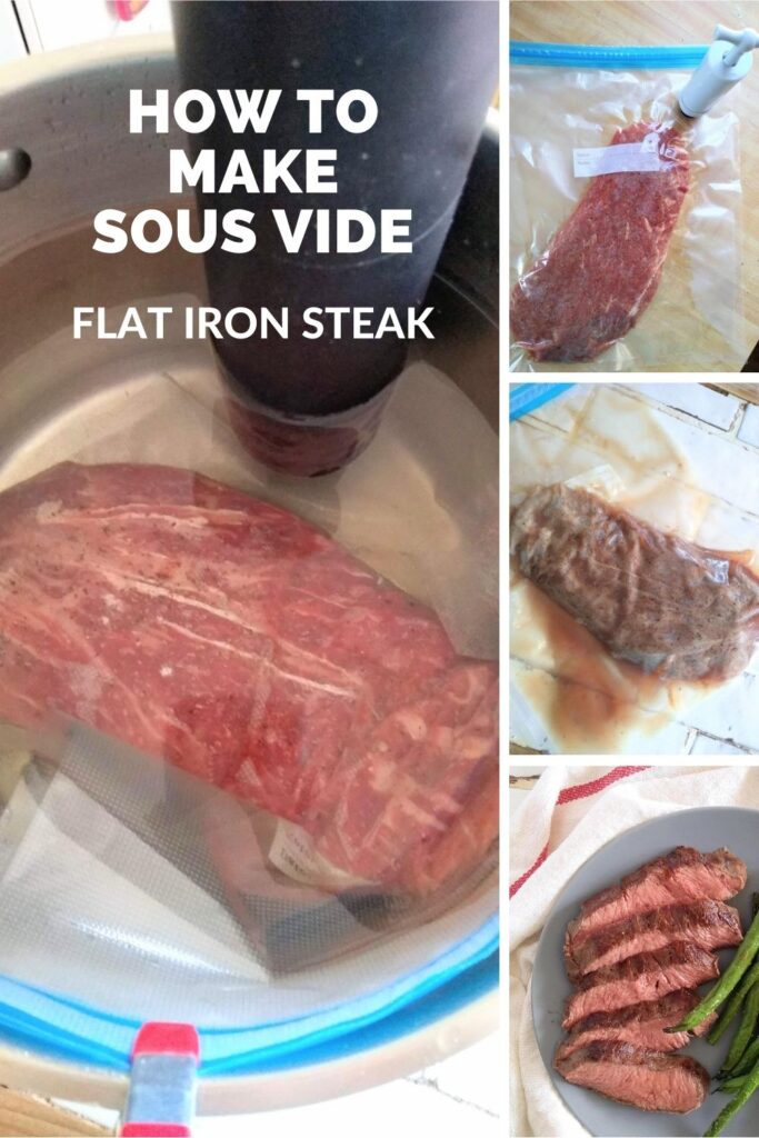 A collage showing the steps of making a sous vide flat iron steak, including the steak in a pot with an immersion circulator, the bag of steak before it goes into the pot, the steak after it comes out, and the finished steak on a plate