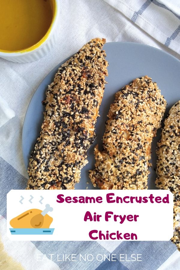 Sesame Encrusted Chicken Tenders on a plate with honey mustard dipping sauce