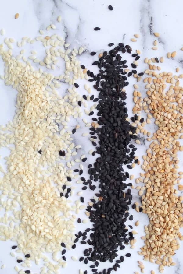 3 colors of sesame seeds, white to black to tan