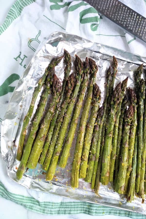 Roasted asparagus fresh from the oven on a homemade foil tray