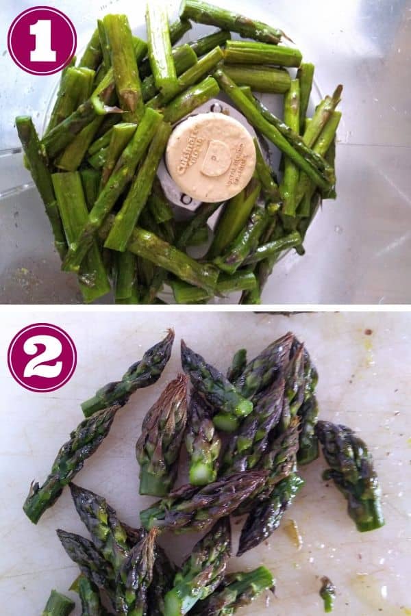 Step 1 - The stalks of roasted asparagus in a food processor
Step 2 - leave the tips to add in later