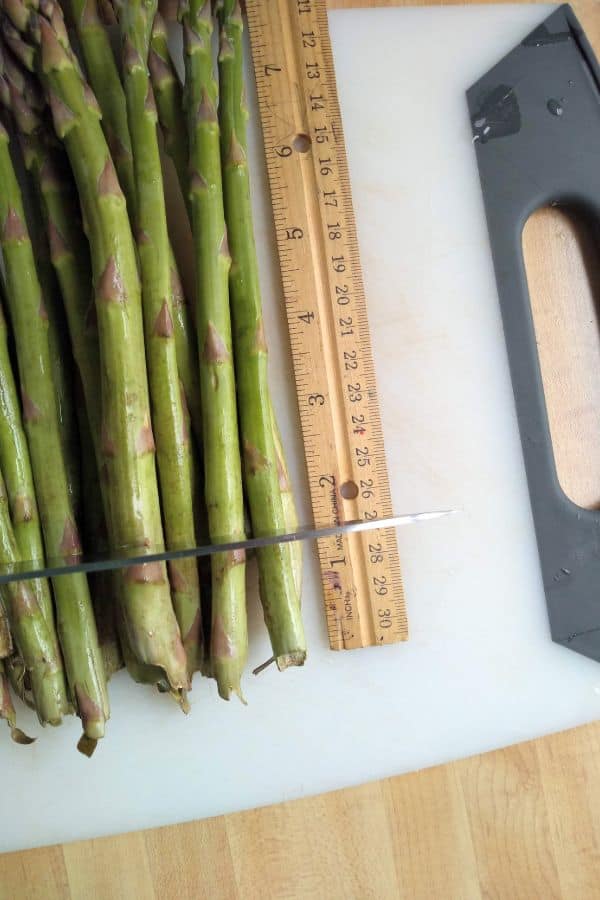 Asparagus being measured with a ruler and cut at 1 ½ inches