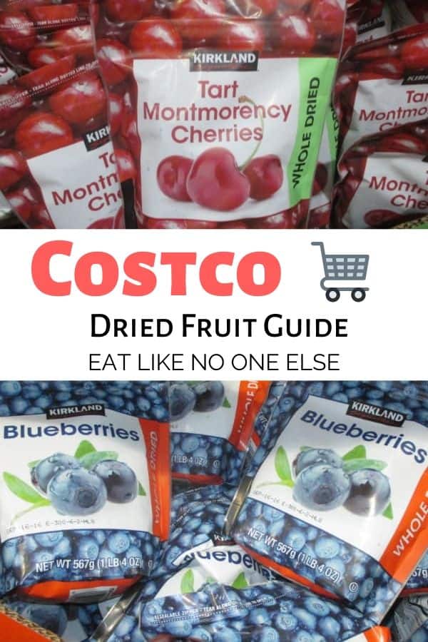 A guide to Costco dried fruit with a picture of cherries on top and blueberries underneath.