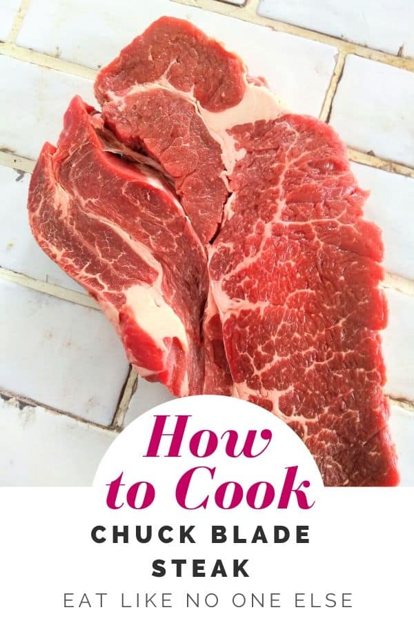 A raw chuck blade steak on the counter with the words "How to Cook Chuck Blade Steak" in front.