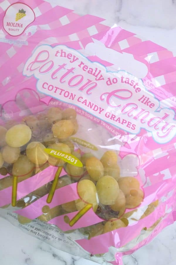 A bag of Cotton Candy grapes from Mexico that says "they really do taste like Cotton Candy"