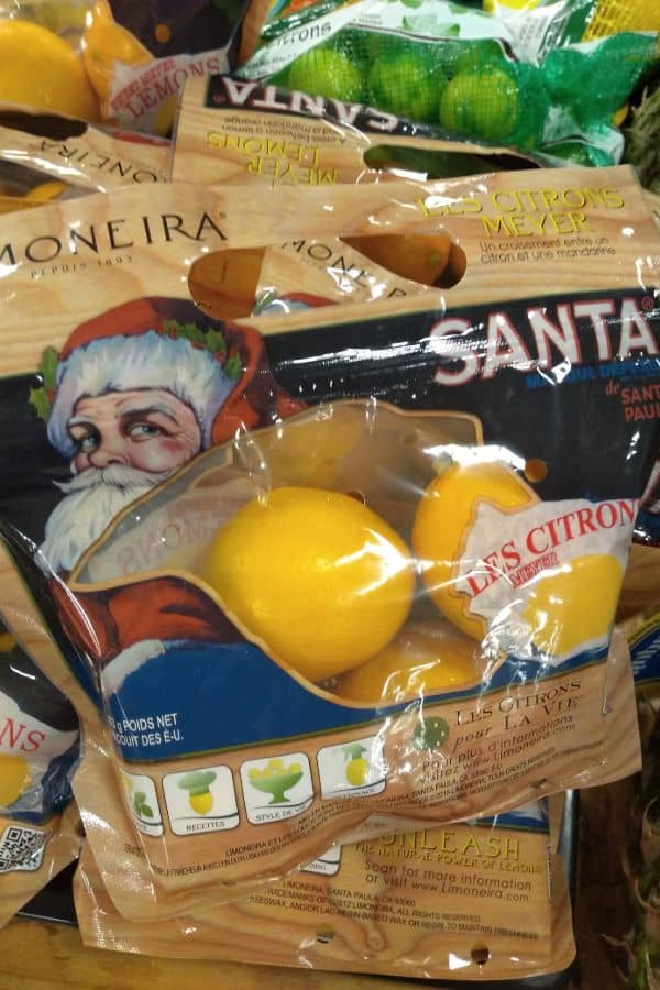 Bags of Meyer lemons with Santa Claus on the front