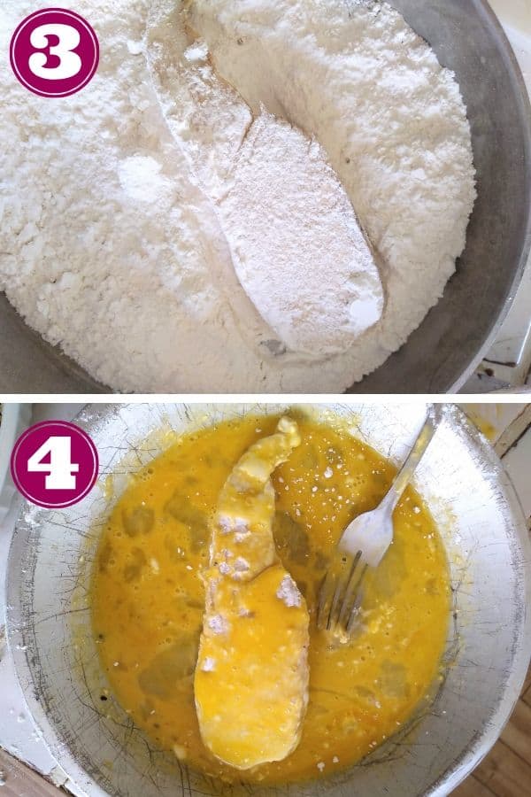 Chicken into the flour first, then the eggs