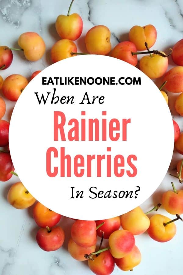 Rainier cherries with a logo in the middle saying When are Rainier Cherries in Season?