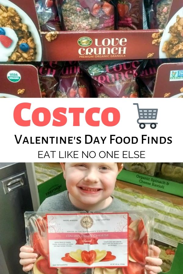 Costco Valentine's Day Food Finds text in the middle with Nature's Path Love Crunch Granola on top and Heart Shaped ravioli underneath. 