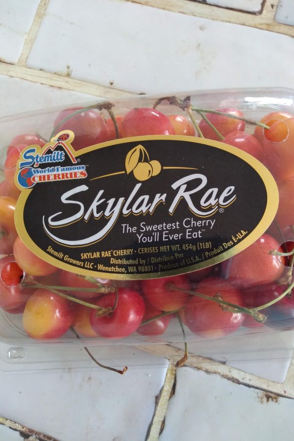 A container of Skylar Rae cherries from Stemilt on a white tile countertop.