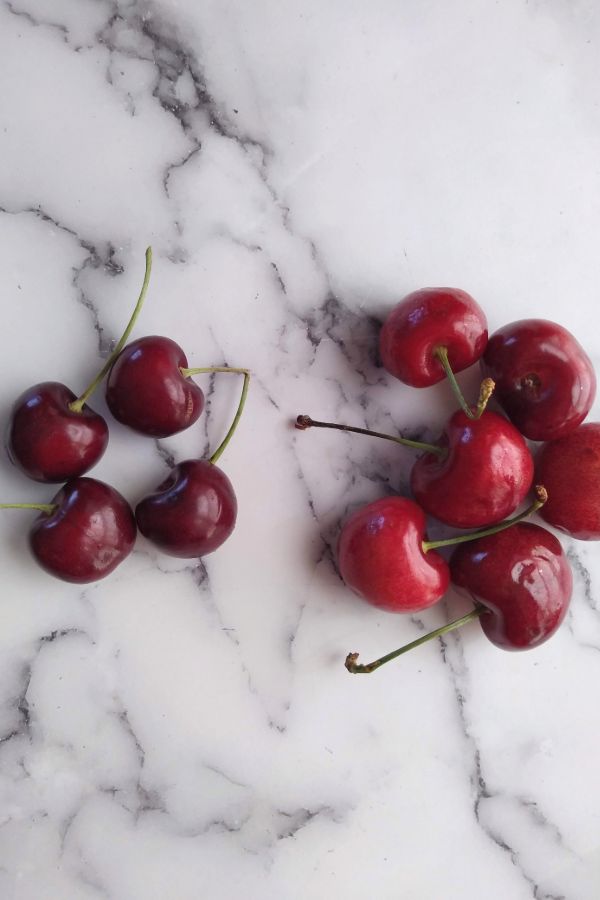 On the left are Bing cherries and on the right are Audra Rose cherries.