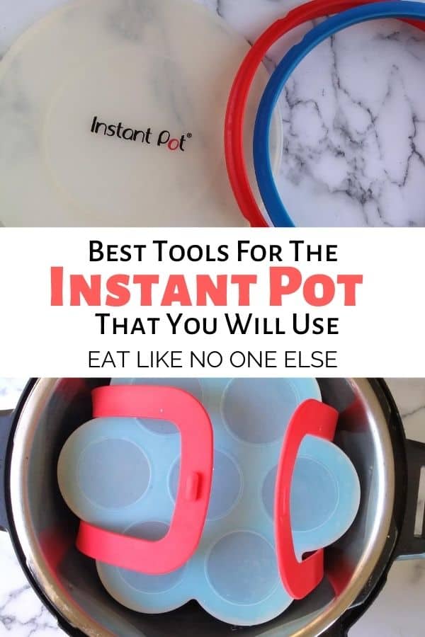 A collage with Instant Pot lid and rings on top, the words "Best Tools for the Instant Pot That You Will Use" in the middle, and an open Instant Pot with a sling and egg bite molds inside on the bottom.