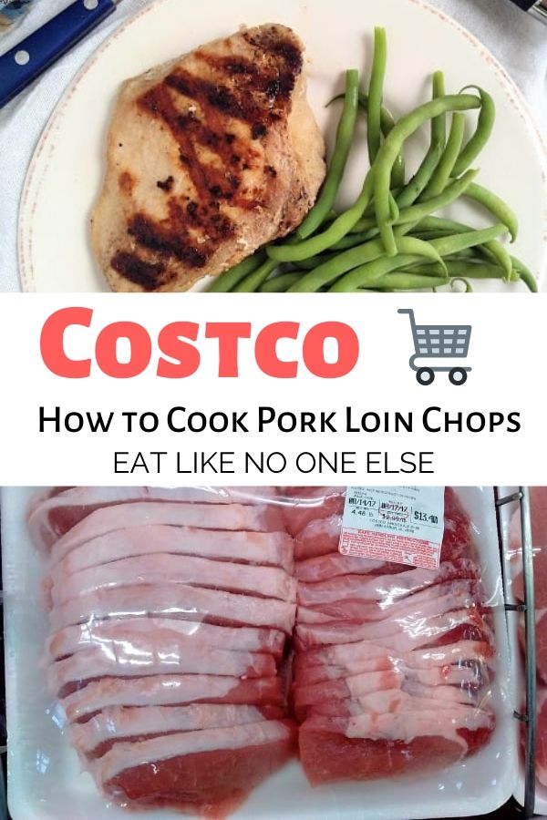 How to Cook Pork Loin Chops with grilled pork chops on top and raw pork loin chops in a package on bottom.