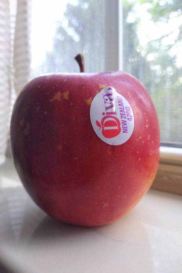 A single Diva apple sitting on a window sill with the PLU sticker showing