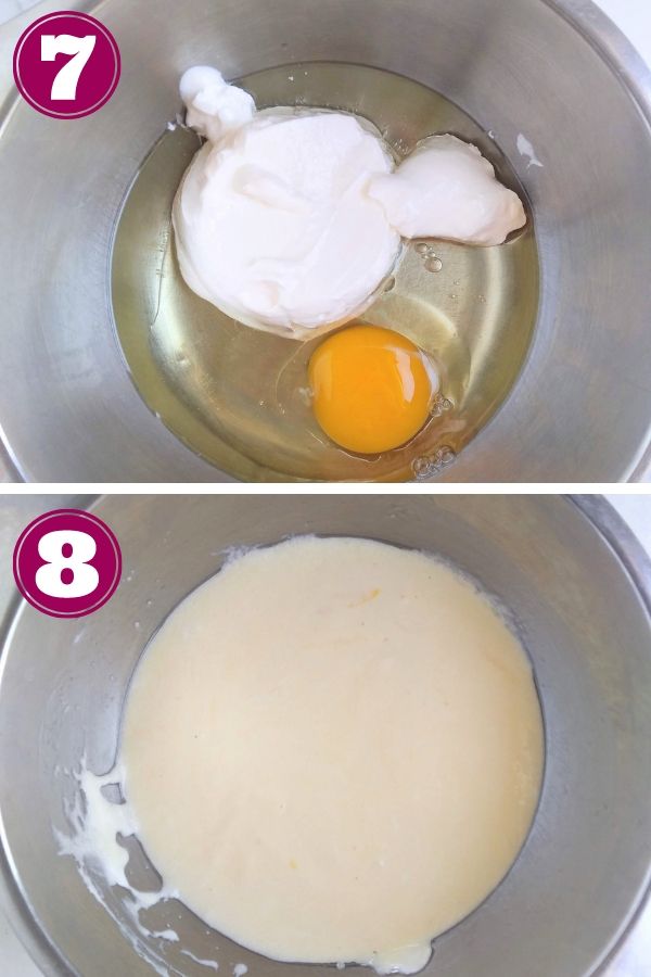 A small bowl with 1 egg, sour cream, and oil. Picture shows them separate then mixed together. 