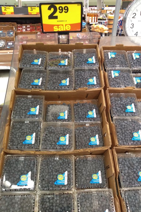 Display of 2 pound blueberries for $2.99 at Meijer