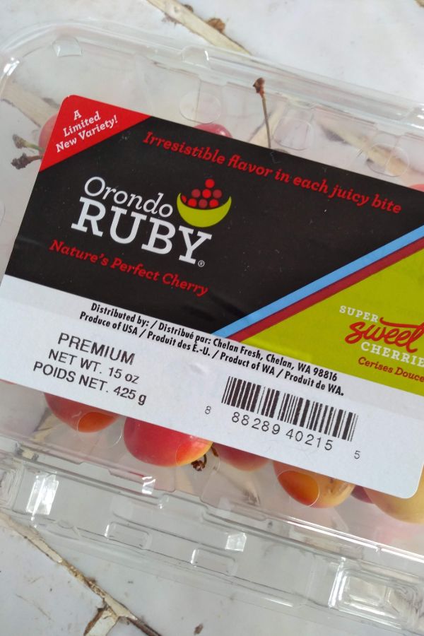  Orondo ruby cherries in a clamshell package that weights about 15 ounces