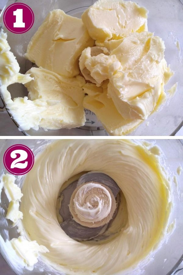 Step 1 photo of the butter in the food processor and step 2 photo of the butter smooth