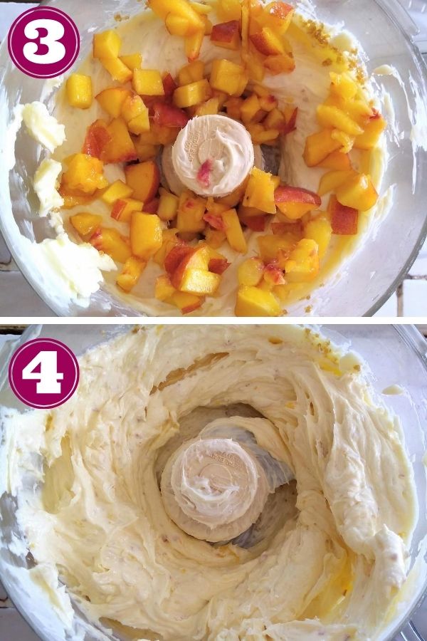 Step 3 showing peaches added to the butter and step 4 with the peaches mixed into the butter