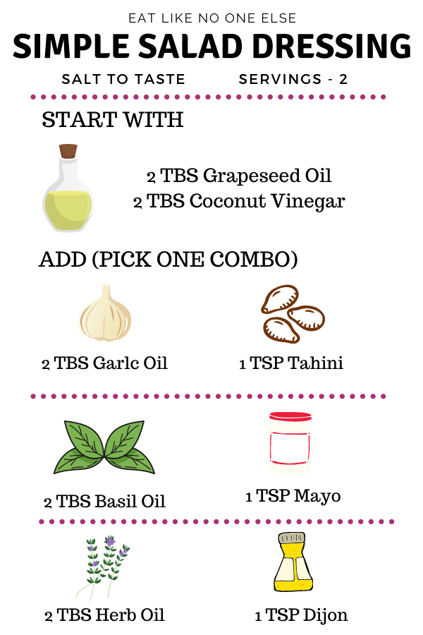 Eat Like No One Else - Simple Salad Dressings - Salt to Taste - Servings - 2

Start with 2 TBS Grapeseed Oil & 2 TBS Coconut Vinegar

Then pick one combo to add
2 TBS Garlic Oil + 1 Tsp Tahini
2 TBS Basil Oil + 1 Tsp Mayo
2 TBS Herb Oil + 1 Tsp Dijon