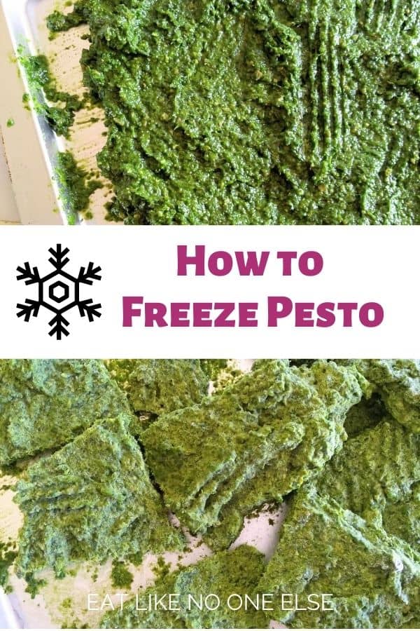 A collage with pesto on a sheet pan on top, the words "How to Freeze Pesto" in the middle, and broken up chunks of frozen pesto on the bottom