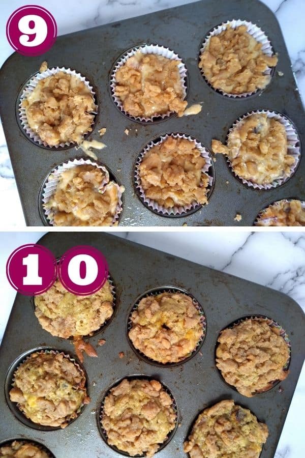 Step 9 shows the muffins in the pan unbaked with the crumble topping on top
Step 10 shows the finished muffins in the pan