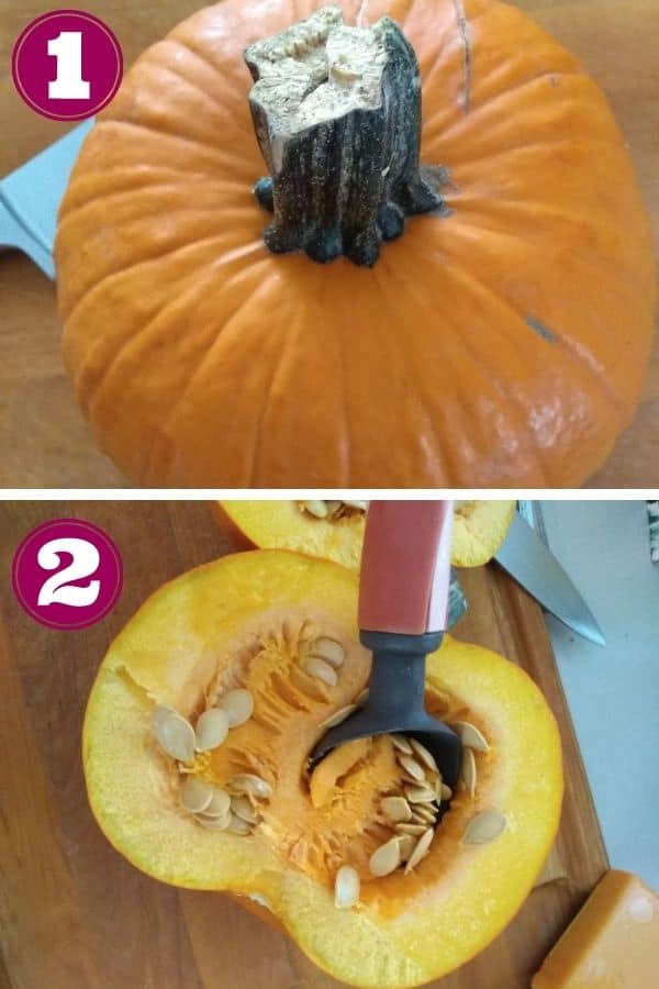 Step 1 shows a whole pie pumpkin on a cutting board
Step 2, shows the pumpkin quartered and the seeds being scooped out with an ice cream scoop.