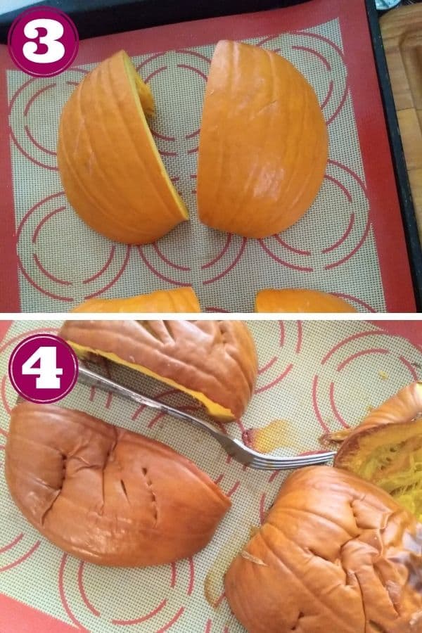 Step 3 shows 2 pieces of the raw pumpkin on a silicone lined sheet pan.
Step 4 shows the pumpkin fresh out of the oven with the skin starting to wrinkle.