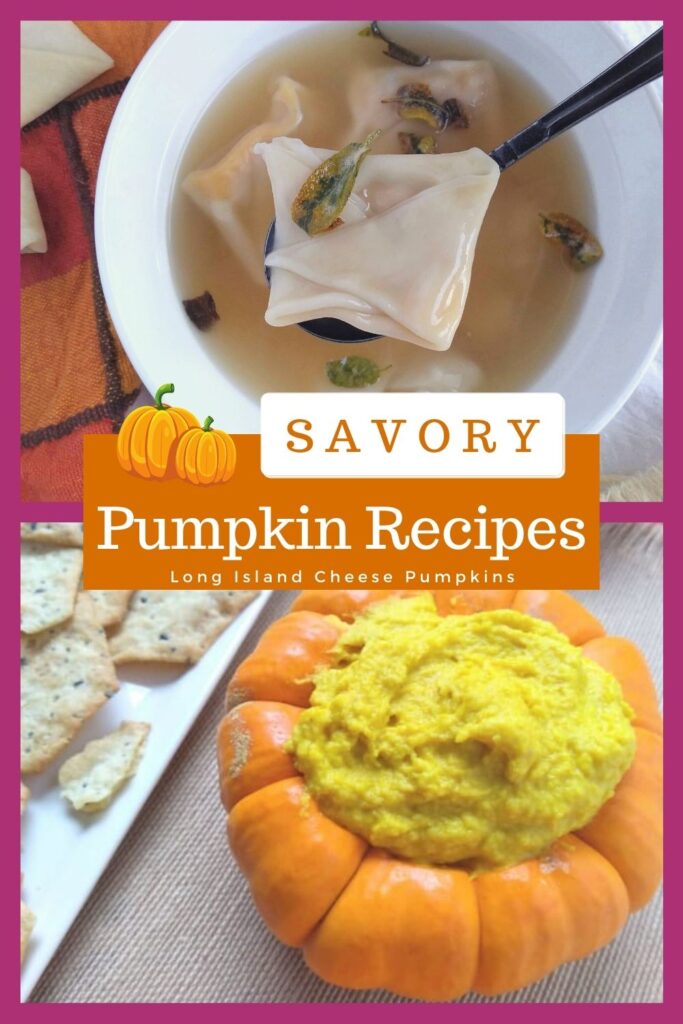 A collage featuring Savory Pumpkin recipes with tortellini soup on top and pumpkin hummus in a mini pumpkin on bottom.