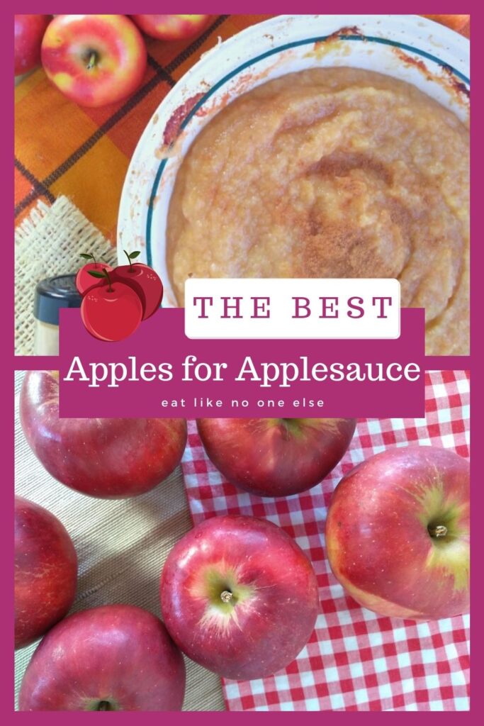 A collage with a wide bowl full of applesauce topped with cinnamon on the top and red Jonathan apples on the bottom. In the middle it says The Best Apples for Applesauce.