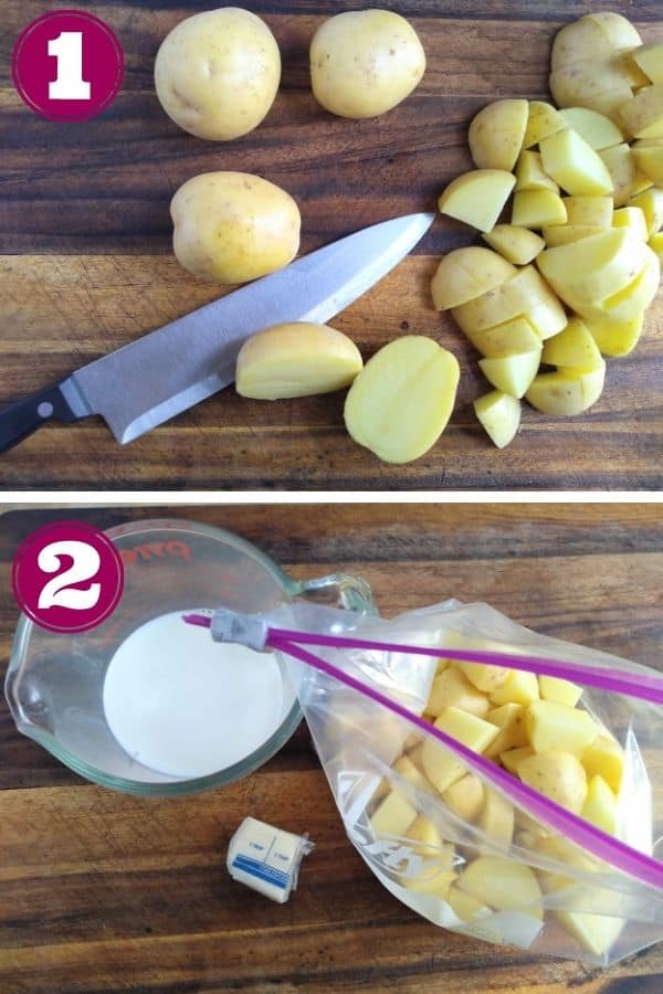 Step 1 shows a knife and potatoes that have been cut into cubes along with some halved potatoes.
Step 2 shows potatoes in a resealable bag with a cup of milk and 2 tablespoons of butter.