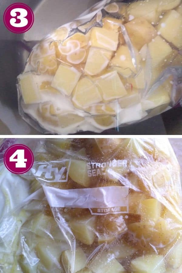 Step 3 shows the potatoes inside a water bath
Step 4 shows the finished potatoes in the bag on a counter cooling
