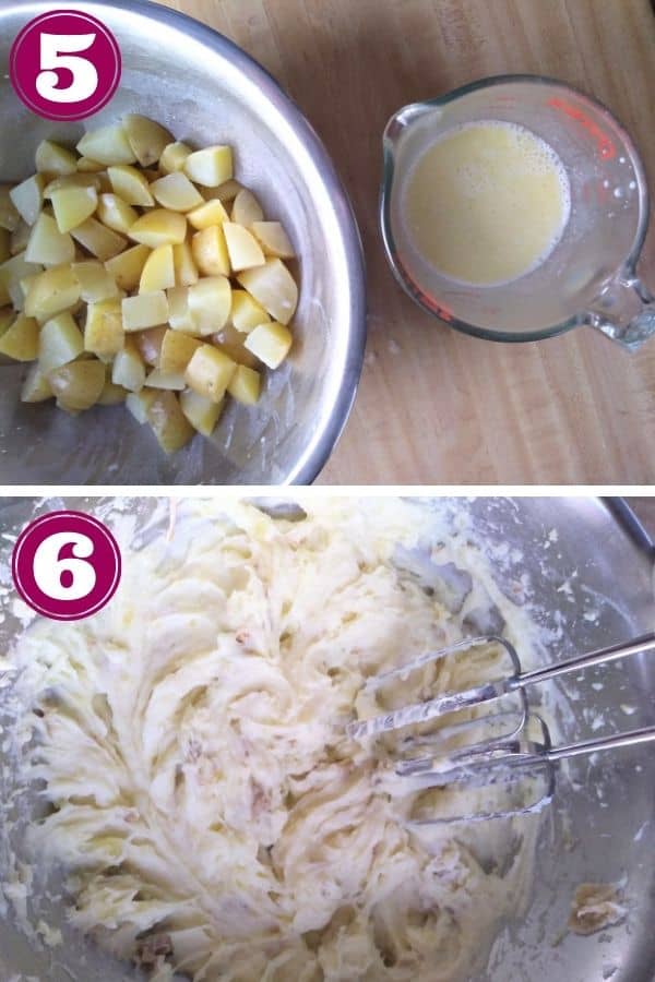 Step 5 shows the potatoes in a mixing bowl with the reserved milk in a measuring cup
Step 6 shows the potatoes beaten with a hand mixer