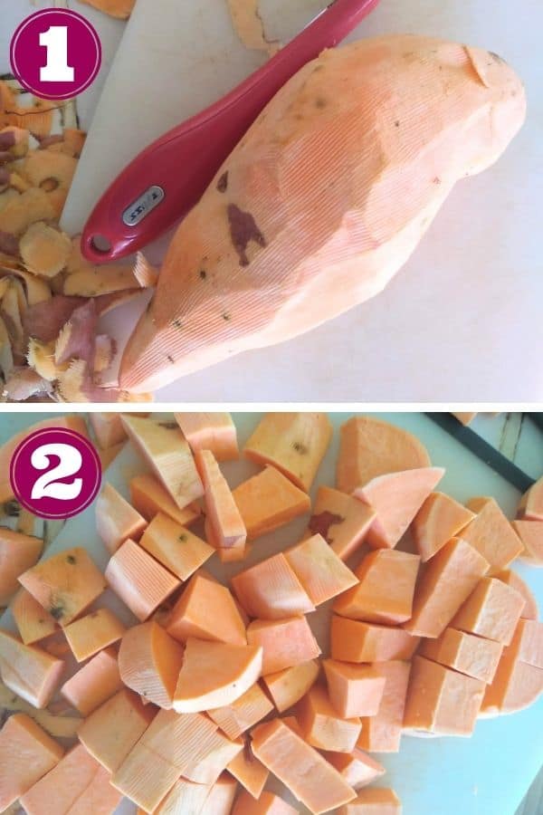 Step 1 shows a sweet potato has been peeled
Step 2 shows the sweet potato cut into cubes