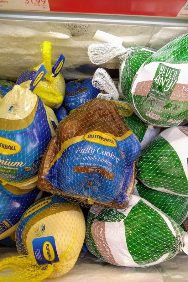 Butterball, Smoked Turkey, and Never Any! turkey show on display at ALDI.