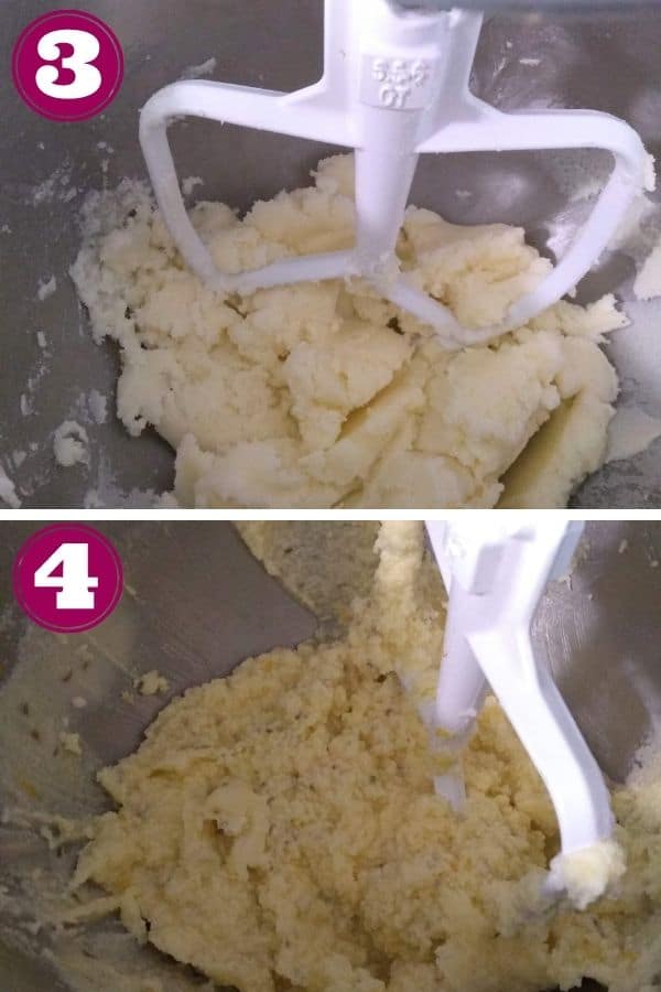 Step 3 shows the butter and sugar combined
Step 4 shows the butter and sugar fully mixed together