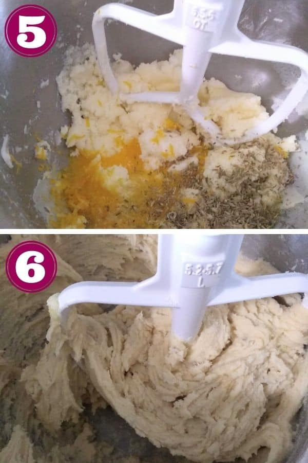 Step 5 shows the eggs, anise seeds, baking soda, lemon zest, salt, and buttermilk being added.
Step 6 shows these ingredients all mixed in