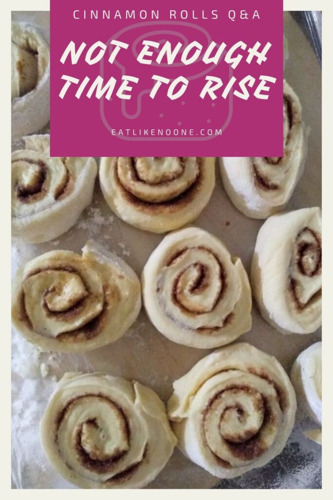 Raw cinnamon rolls with the words "Not Enough Time to Rise" over top of them.