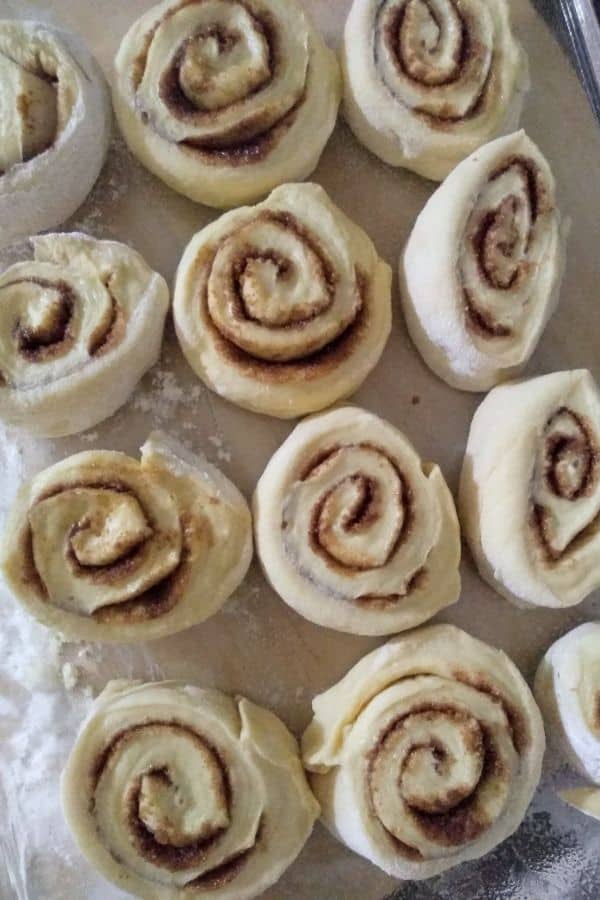 Raw cinnamon rolls sitting on the counter/